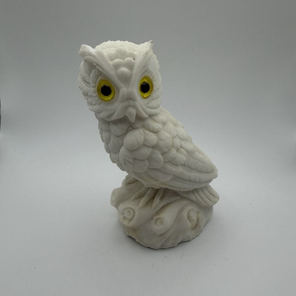 White Horned Owl Figurine Salt Stone Yellow Glass Eyes Made in Italy 5.5" tall